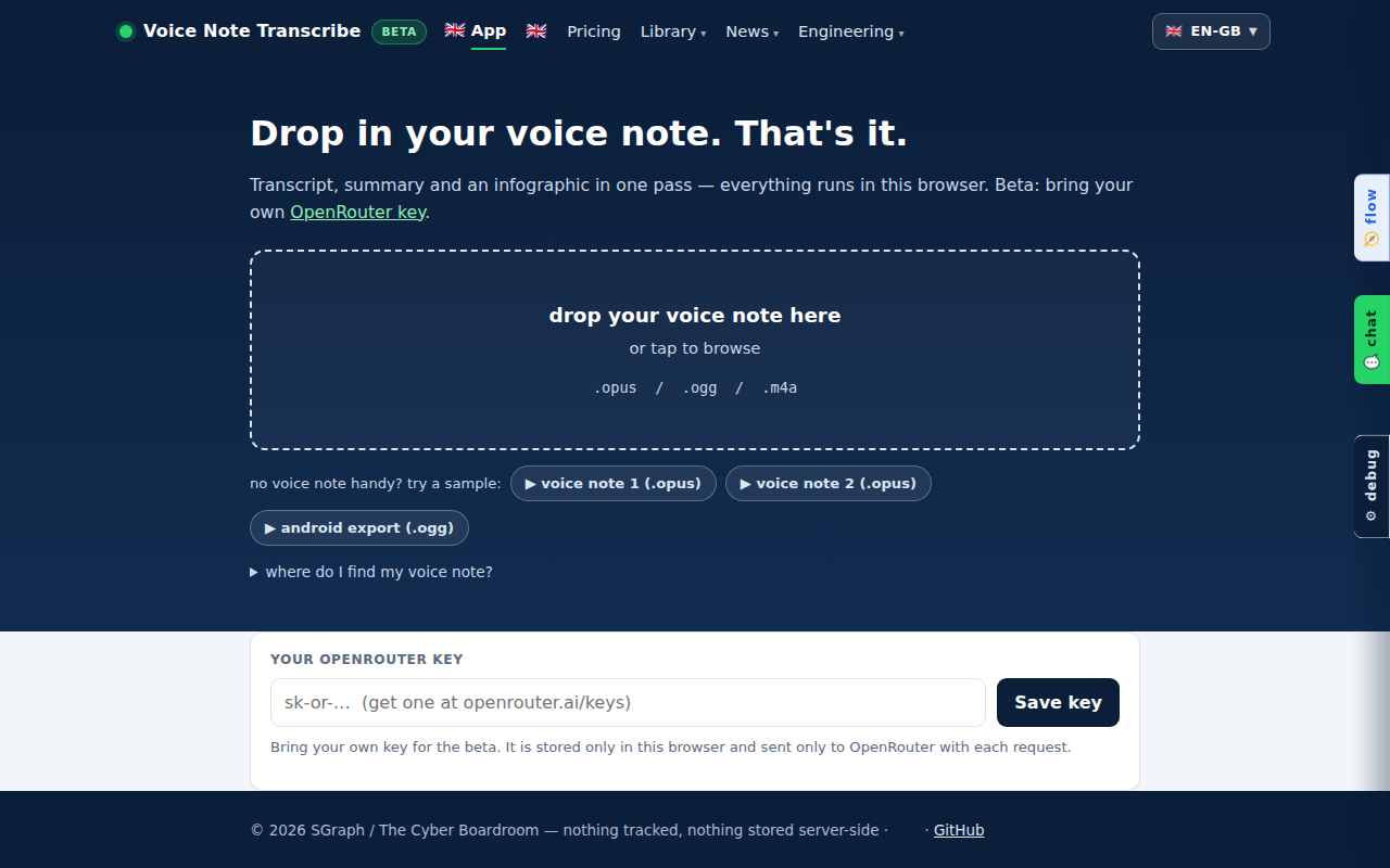 The app as you arrive: drop zone, sample notes, and the key panel.