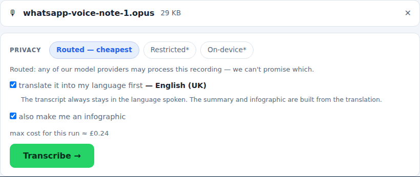 A loaded voice note: choose whether you want an infographic, then transcribe.