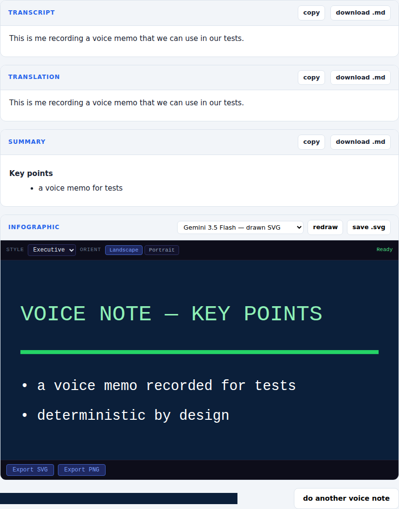 The one pass, done: transcript, summary and the infographic together.