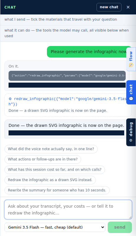 Ask for work, not just answers: the assistant drives the tool, every call visible in the thread.